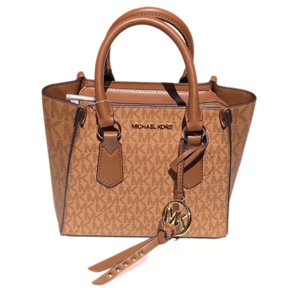 NWT MICHAEL KORS Kris Crossbody Monogram Satchel in Brown and Tan - Picture 1 of 10